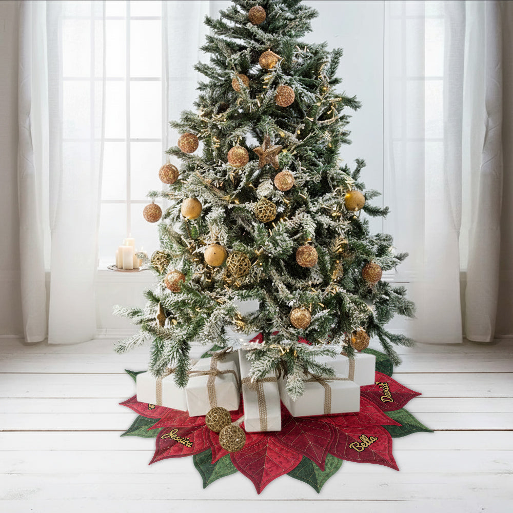 Name Custom Poinsettia Tree Skirt For Big Family, Merry Christmas 2025 - Personalized Family Shaped Tree Skirt