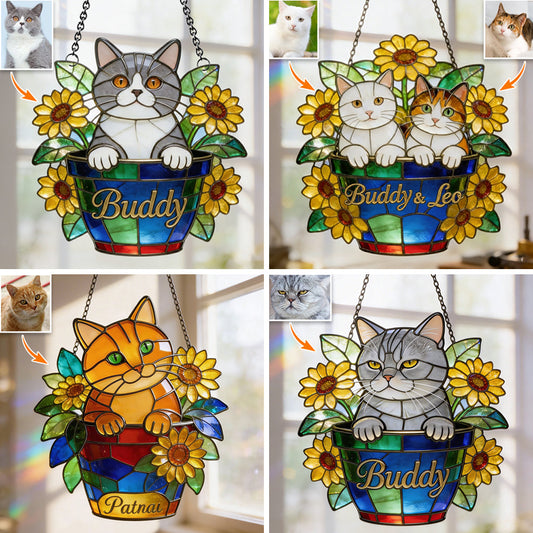 Cute Pets And Flowers - Personalized Cat Window Hanging Suncatcher Ornament
