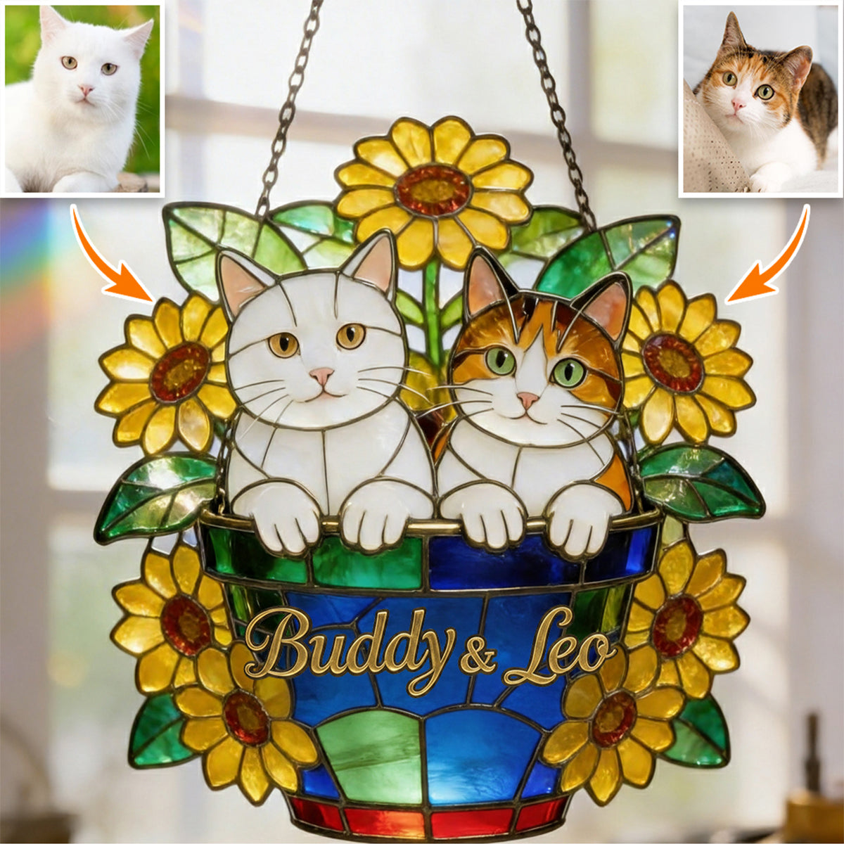 Cute Pets And Flowers - Personalized Cat Window Hanging Suncatcher Ornament