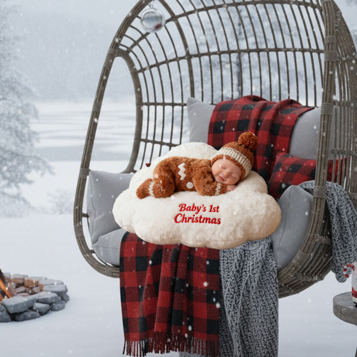 Babys erstes Weihnachtsfest – personalisiertes Kissen in Kinderform aus Kunstfell