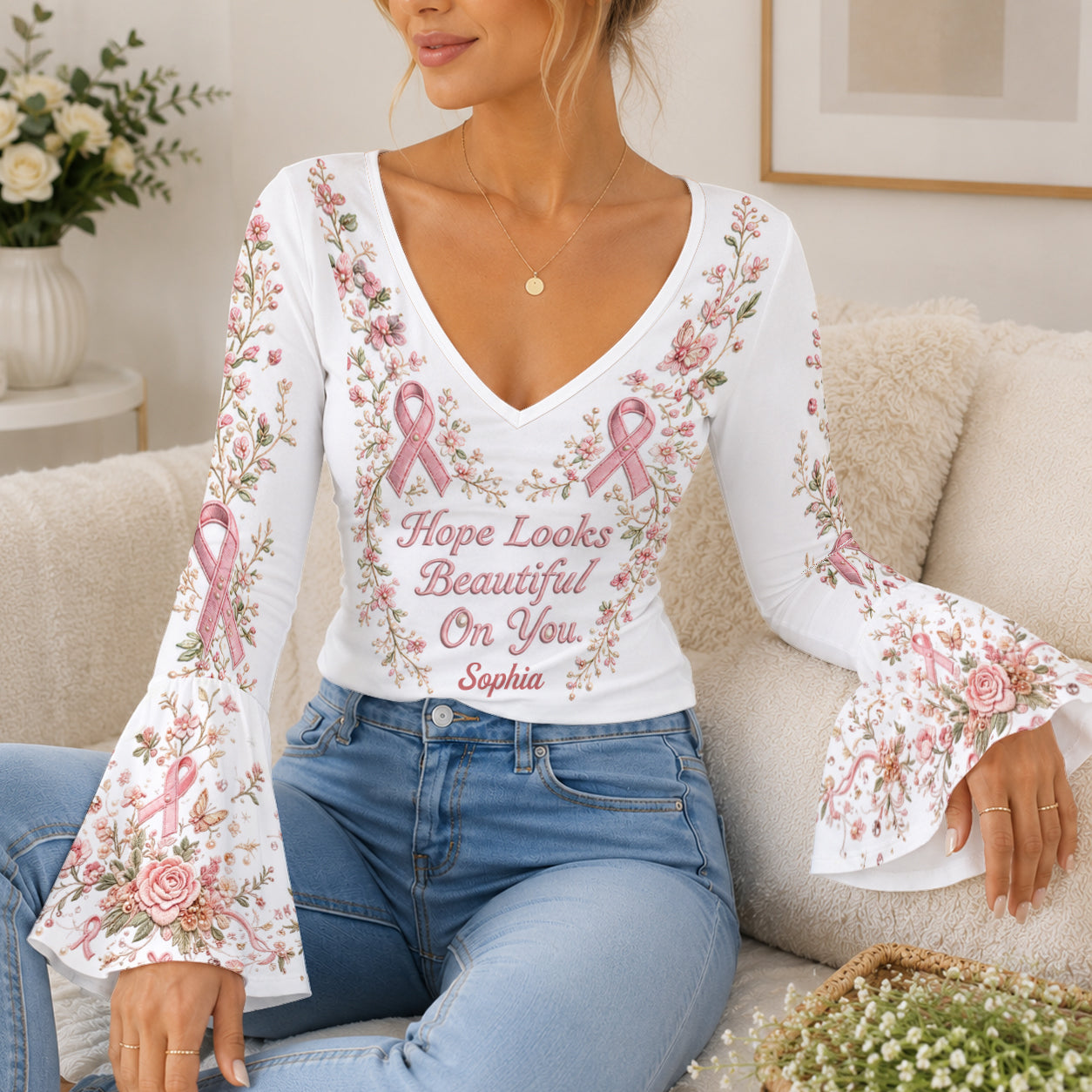 Breast Cancer Awareness Month - Personalized Breast Cancer Awareness Flare Long-Sleeve Shirt