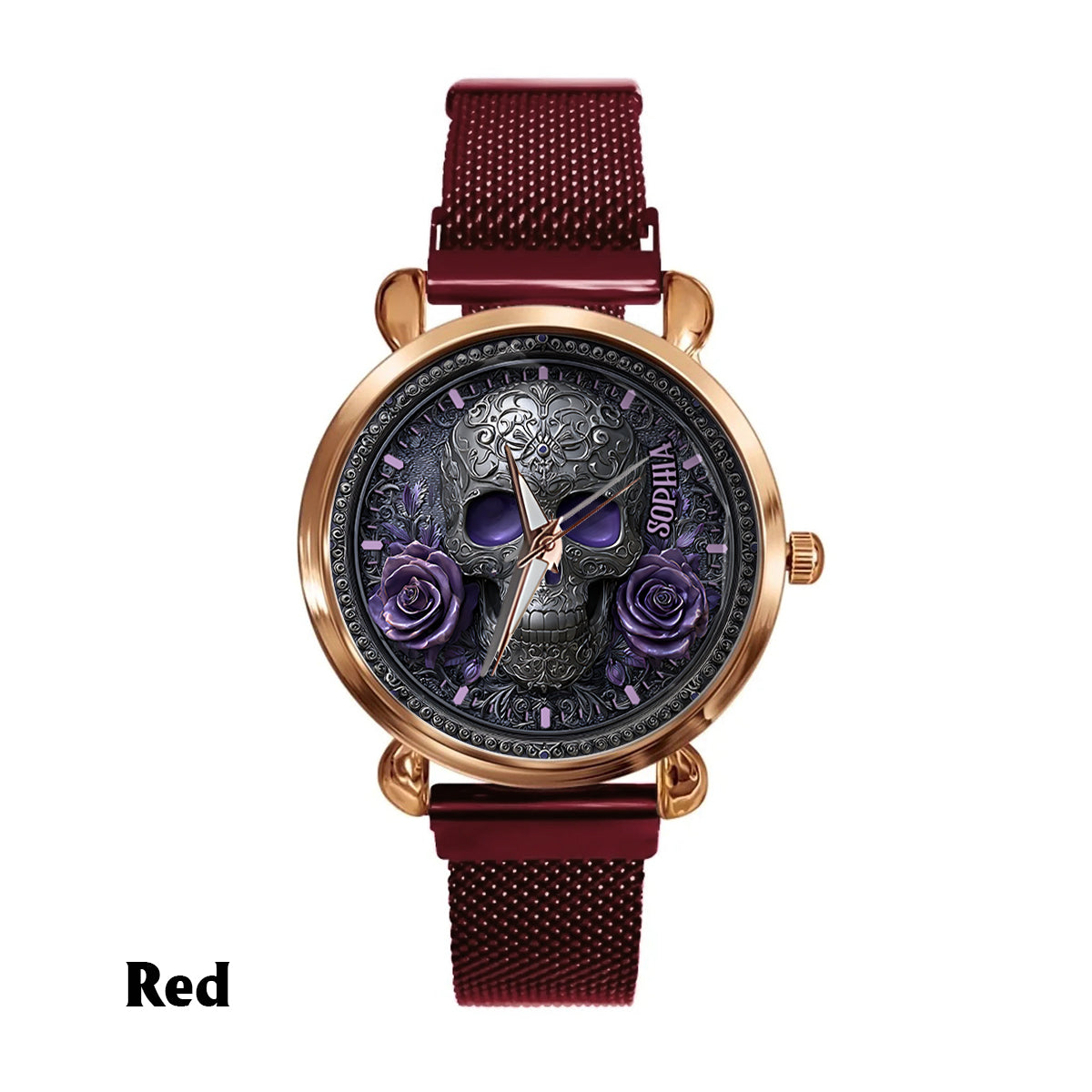 Totenkopf und Rosen – Personalisierte Totenkopf-Damenhanduhr 