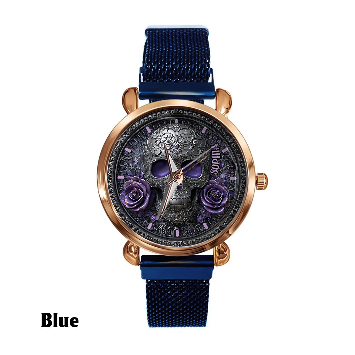 Totenkopf und Rosen – Personalisierte Totenkopf-Damenhanduhr 