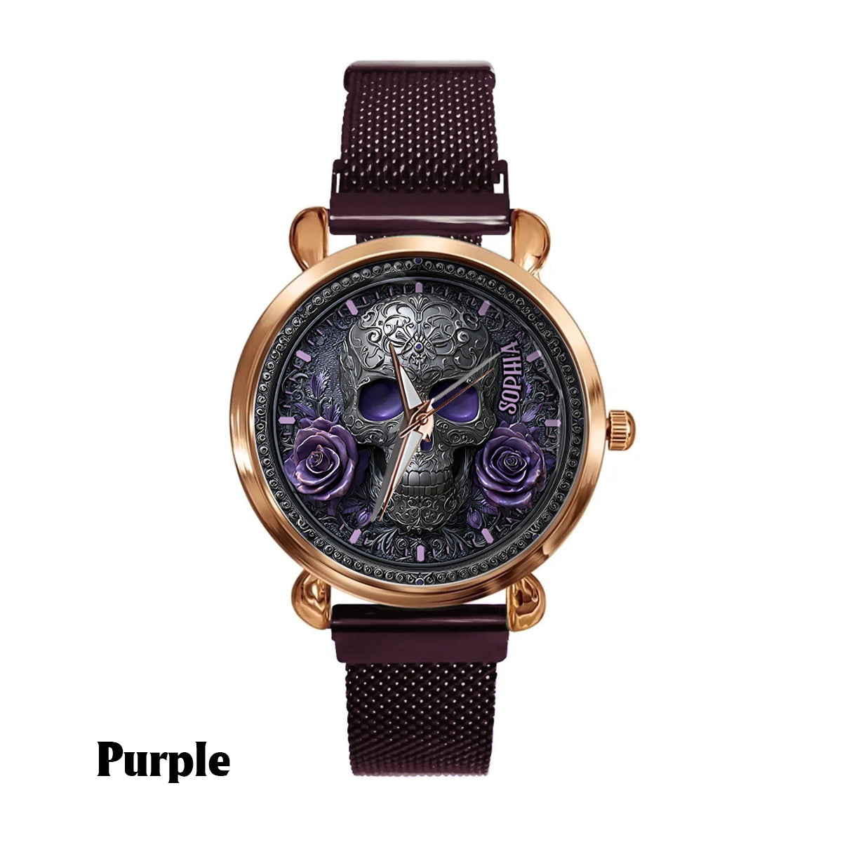Totenkopf und Rosen – Personalisierte Totenkopf-Damenhanduhr 