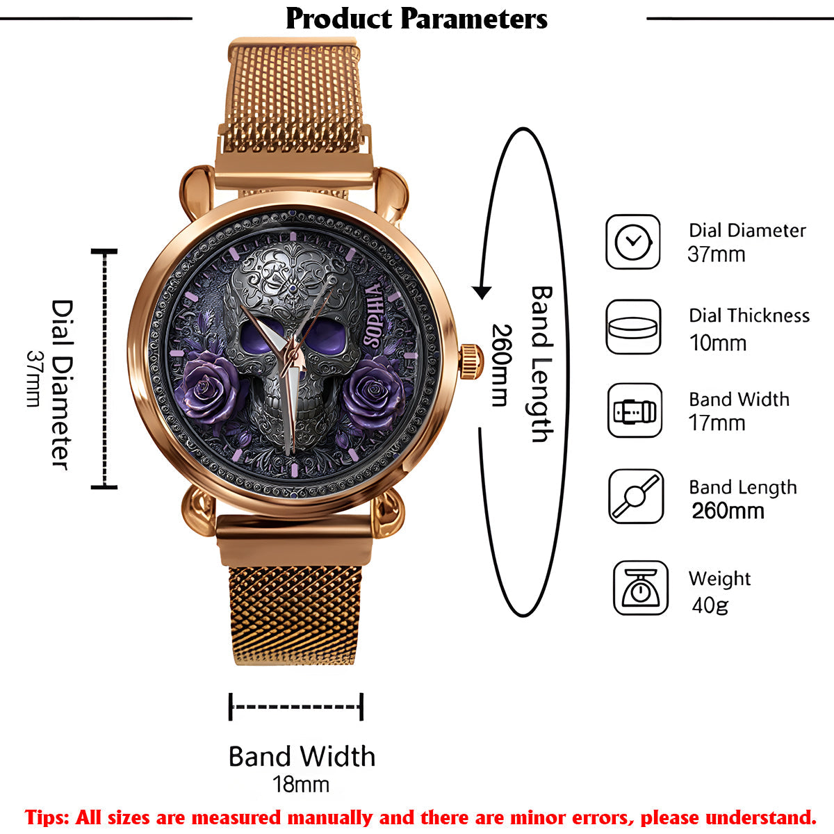 Totenkopf und Rosen – Personalisierte Totenkopf-Damenhanduhr 
