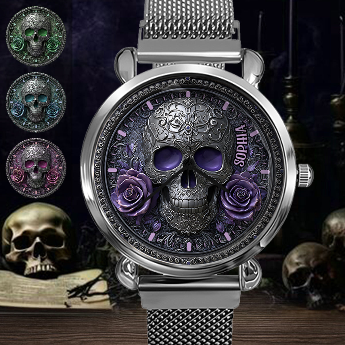 Totenkopf und Rosen – Personalisierte Totenkopf-Damenhanduhr 