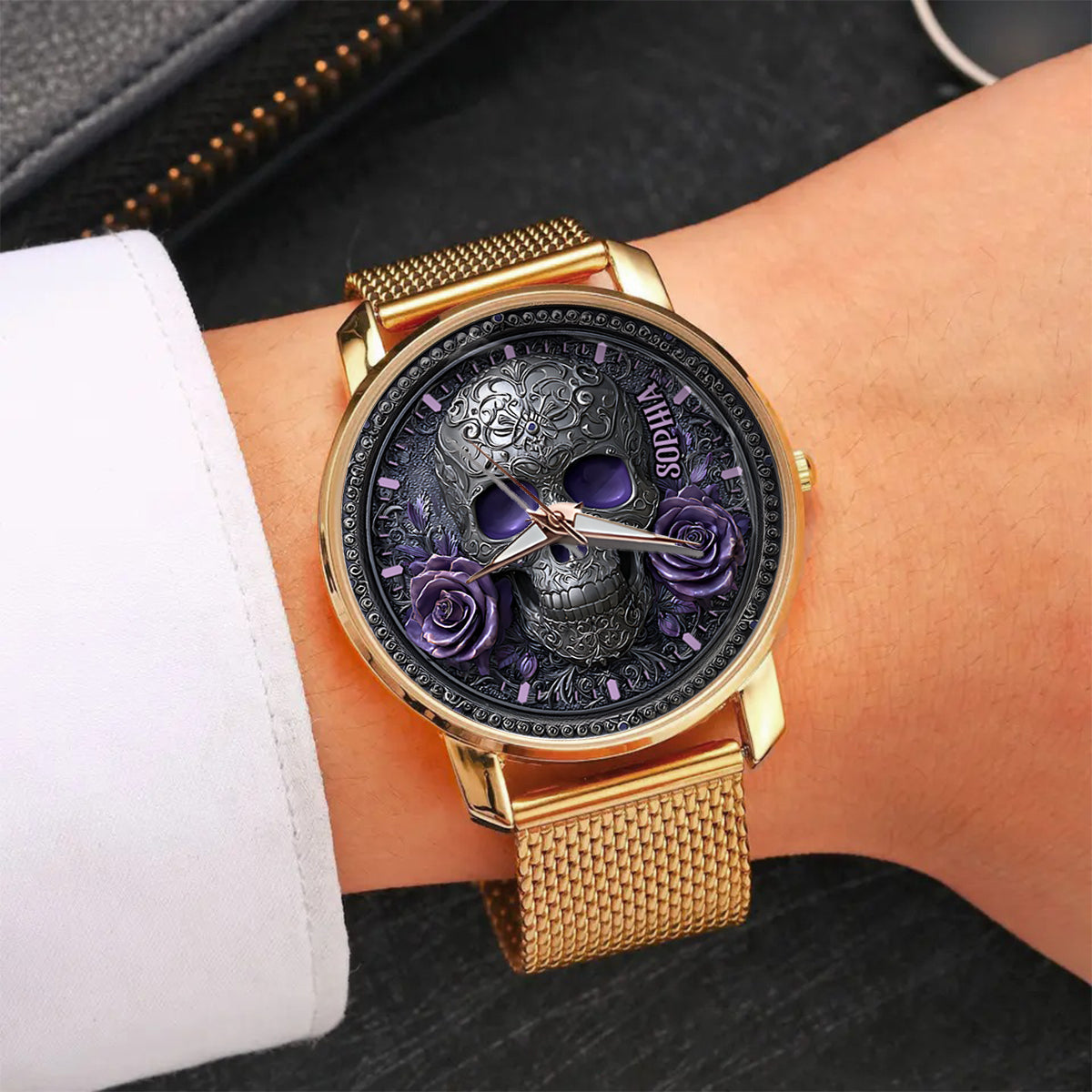 Totenkopf und Rosen – Personalisierte Totenkopf-Damenhanduhr 