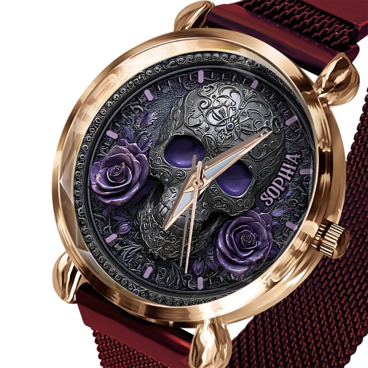Totenkopf und Rosen – Personalisierte Totenkopf-Damenhanduhr 