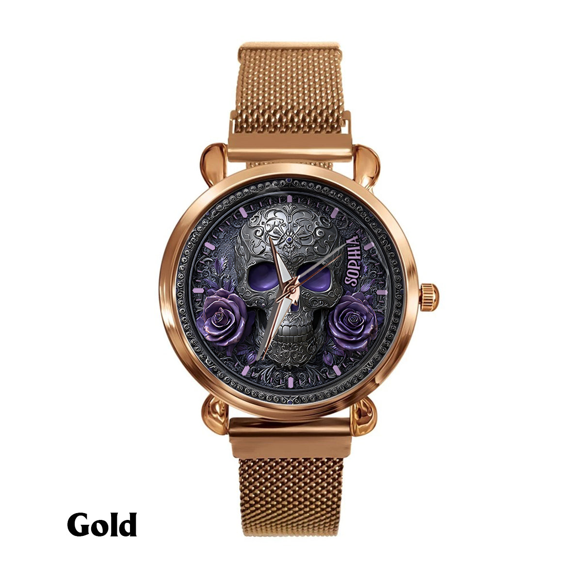 Totenkopf und Rosen – Personalisierte Totenkopf-Damenhanduhr 