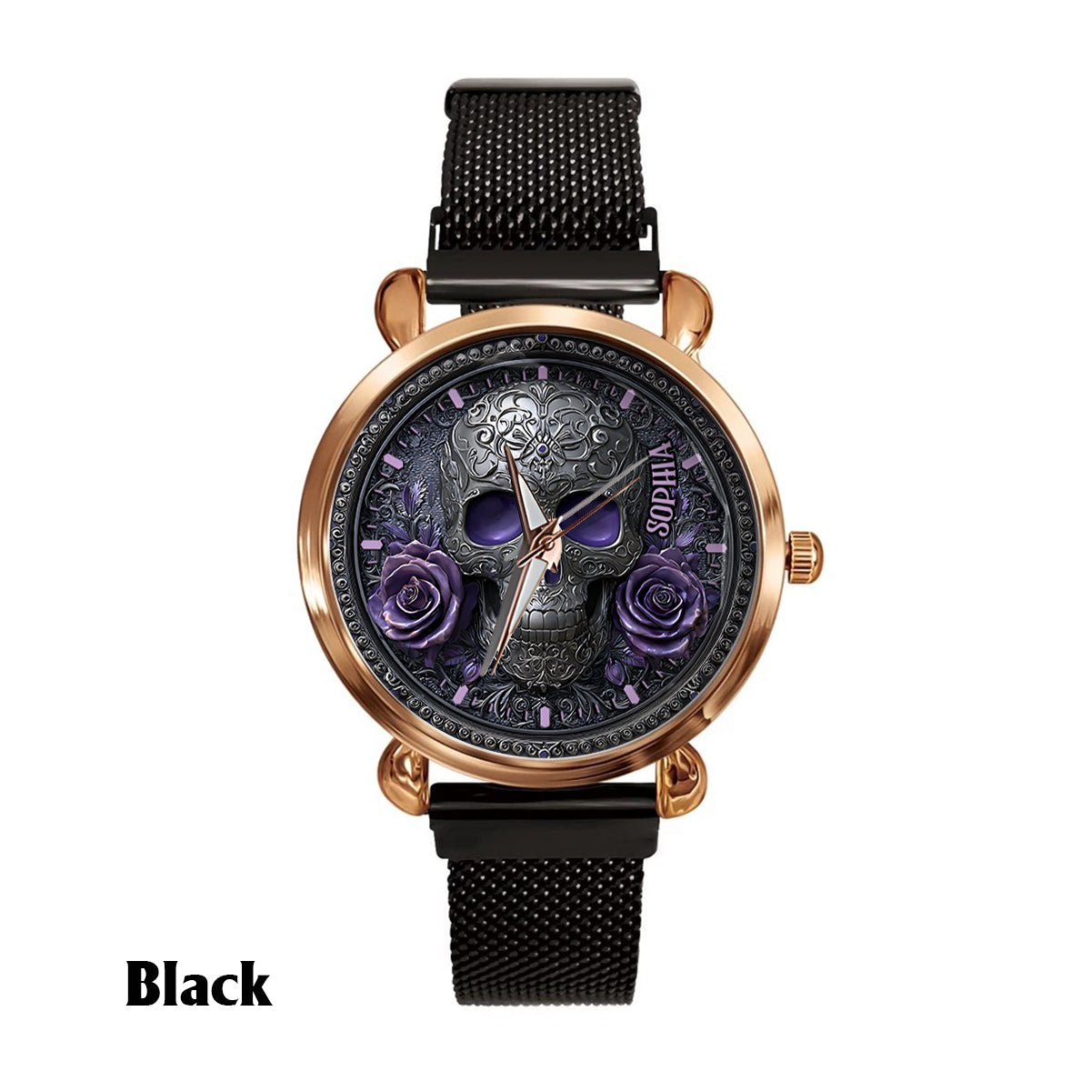 Totenkopf und Rosen – Personalisierte Totenkopf-Damenhanduhr 