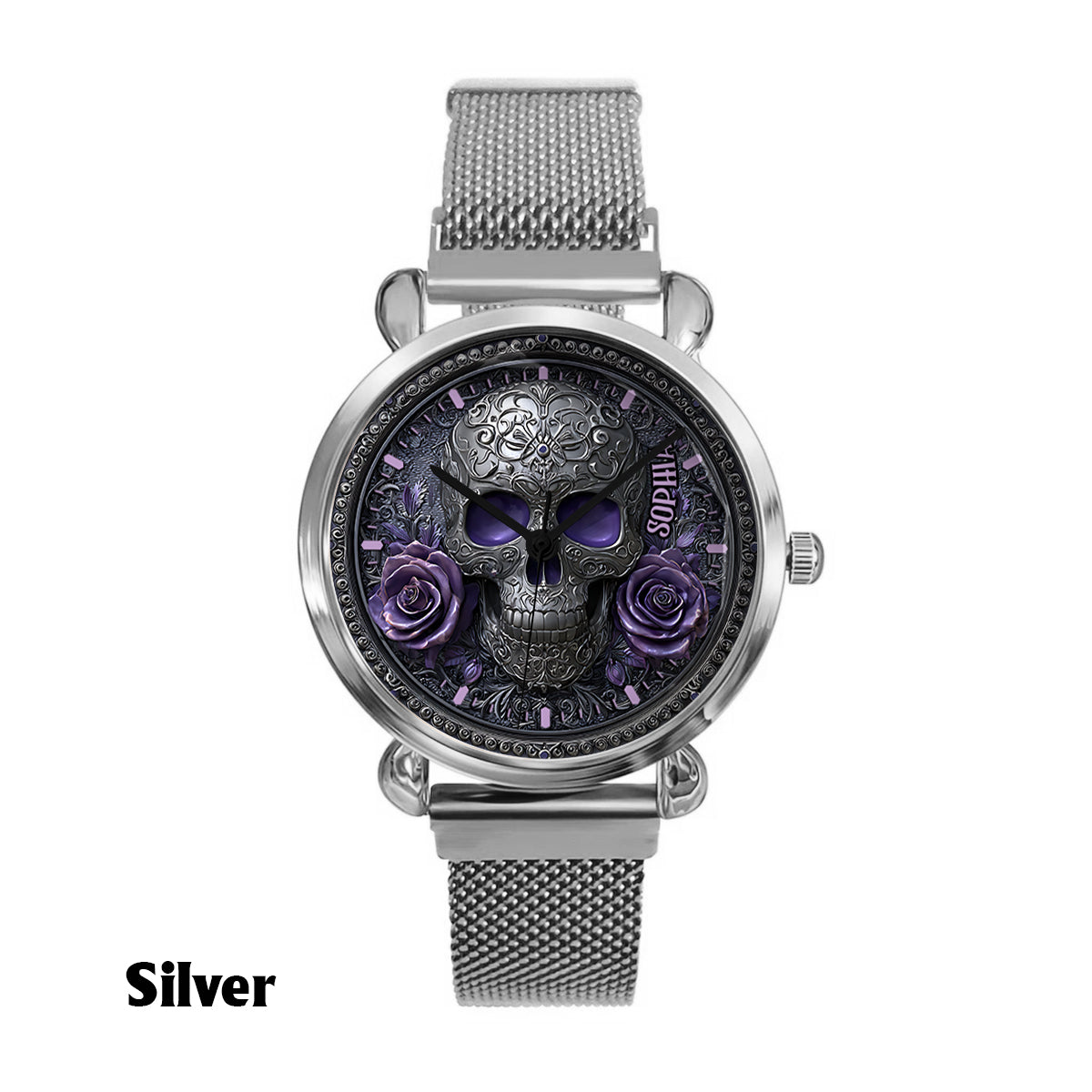Totenkopf und Rosen – Personalisierte Totenkopf-Damenhanduhr 