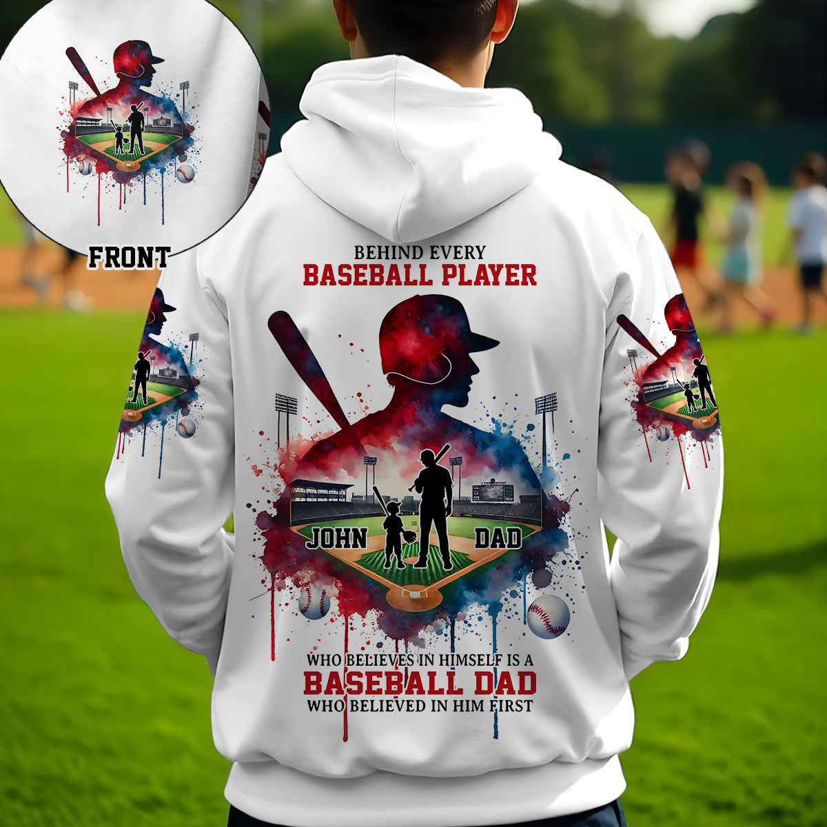 Hinter jedem Baseballspieler, der an sich glaubt, steht eine Baseball-Mama/ein Baseball-Papa, die/der zuerst an ihn geglaubt hat – personalisiertes Baseball-Shirt mit Allover-Print