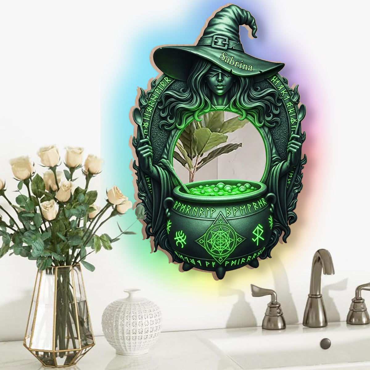 Mystische Hexensuppe – Personalisierter Hexen-Wandspiegel mit LED-Beleuchtung