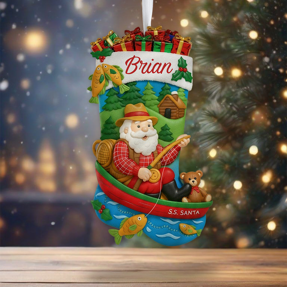 Weihnachtsmann beim Angeln - Personalisierter Weihnachtsstrumpf in Angelform