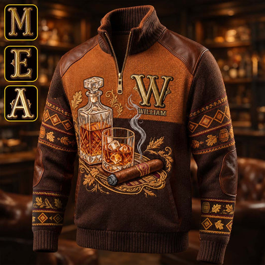 Whiskey And Cigar - Personalized Whisky Men Zip-Up Sweatshirt