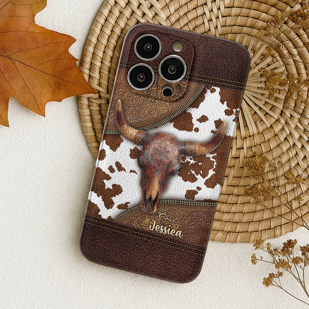 Skeleton Bull Skull - Personalized Western Leather Phone Case