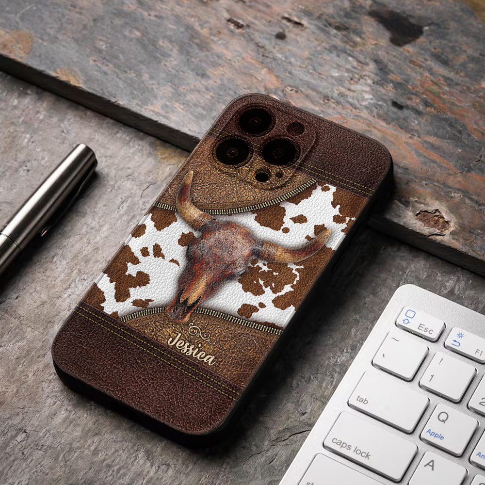 Skeleton Bull Skull - Personalized Western Leather Phone Case