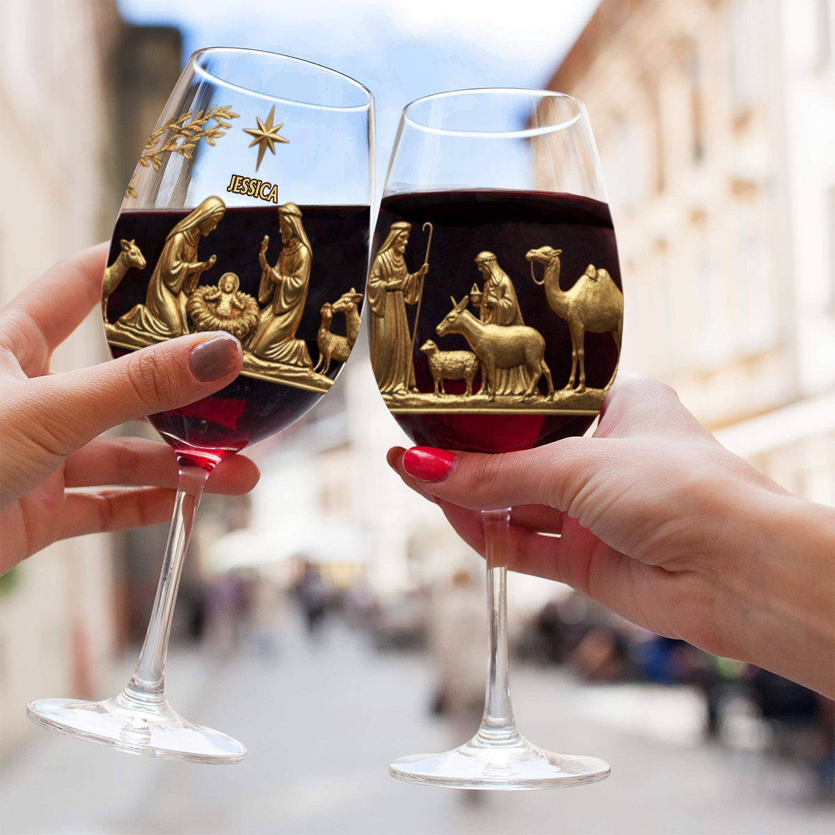 Die Heilige Nacht – Personalisiertes christliches Weinglas mit langem Stiel