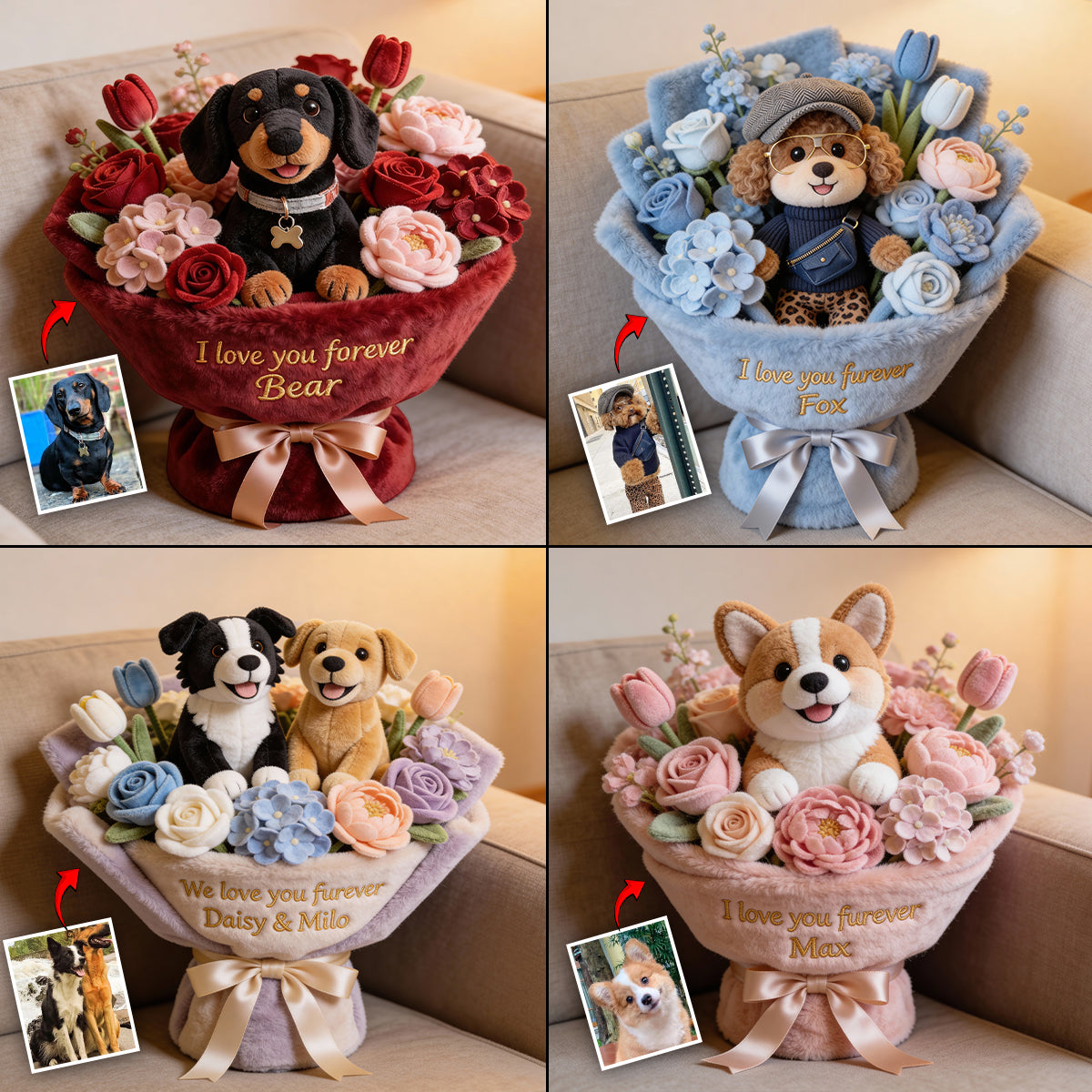 Stuffed Puppy & Flower - Personalized Dog Faux Fur Shaped Pillow