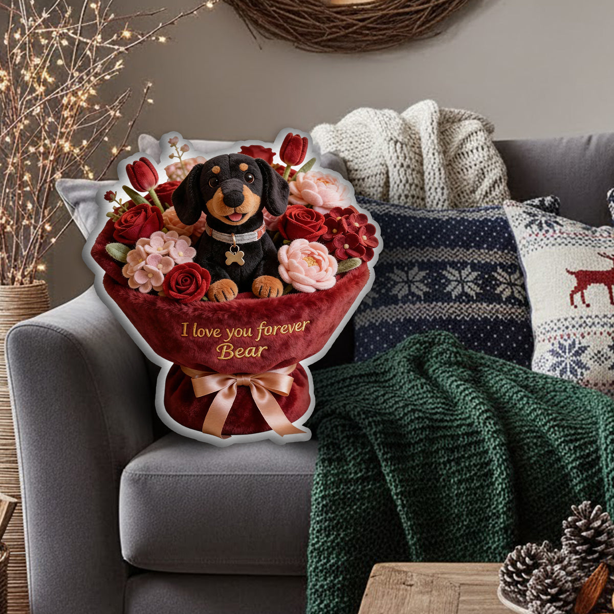 Stuffed Puppy & Flower - Personalized Dog Faux Fur Shaped Pillow