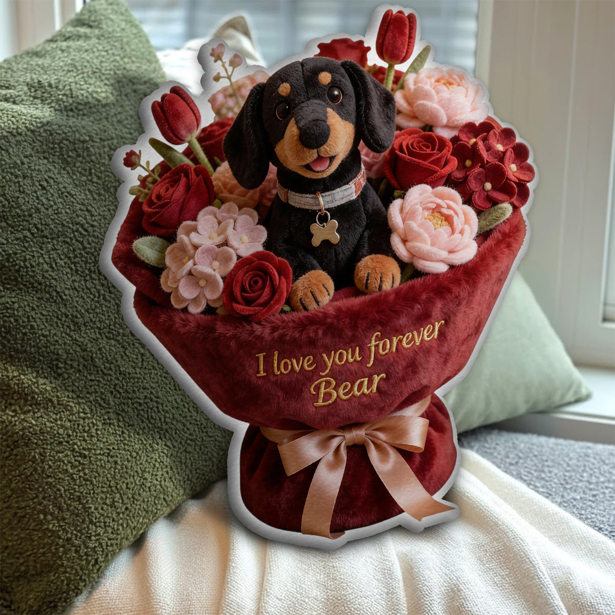 Stuffed Puppy & Flower - Personalized Dog Faux Fur Shaped Pillow