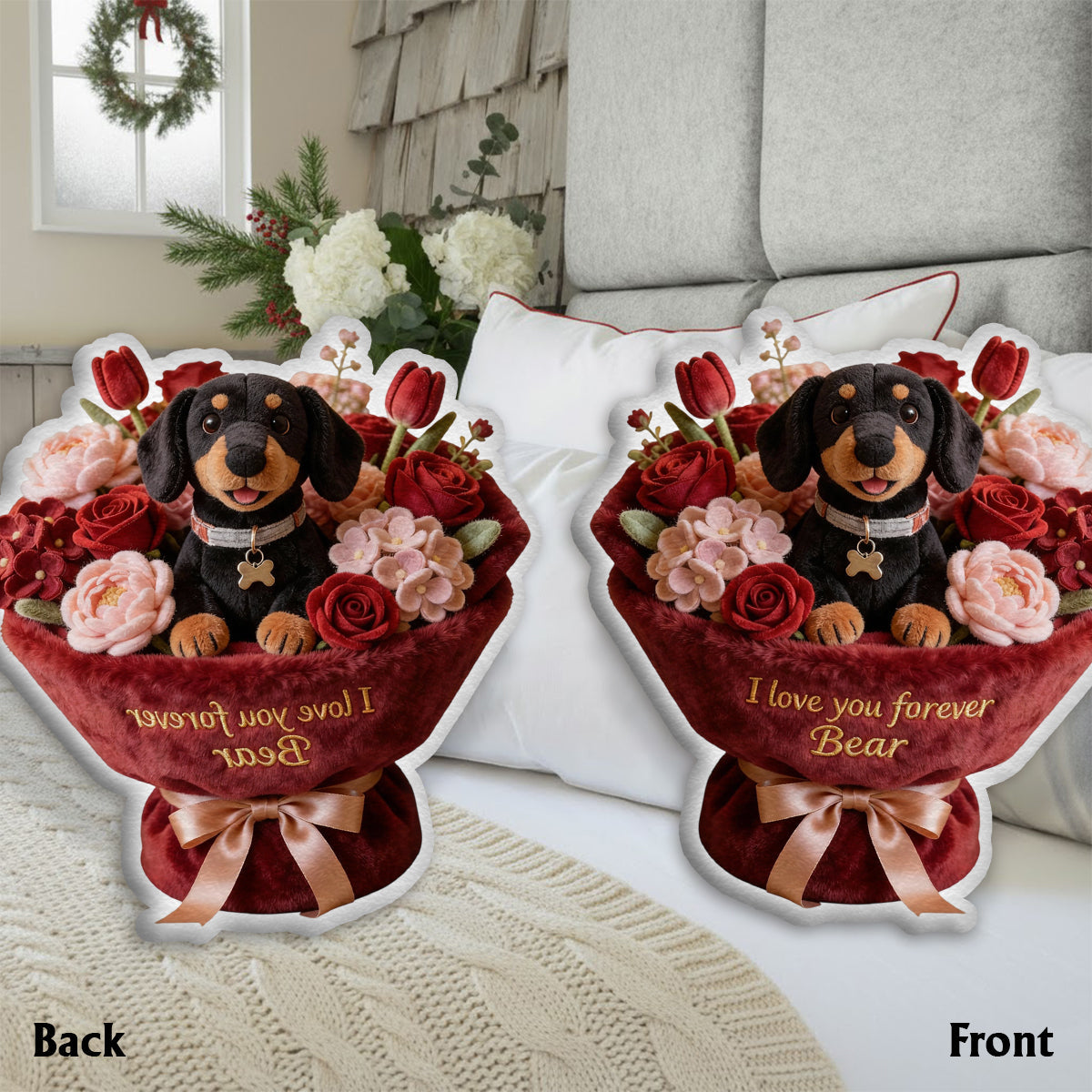 Stuffed Puppy & Flower - Personalized Dog Faux Fur Shaped Pillow