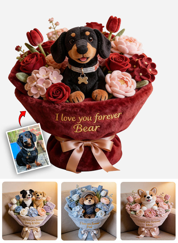 Stuffed Puppy & Flower - Personalized Dog Faux Fur Shaped Pillow