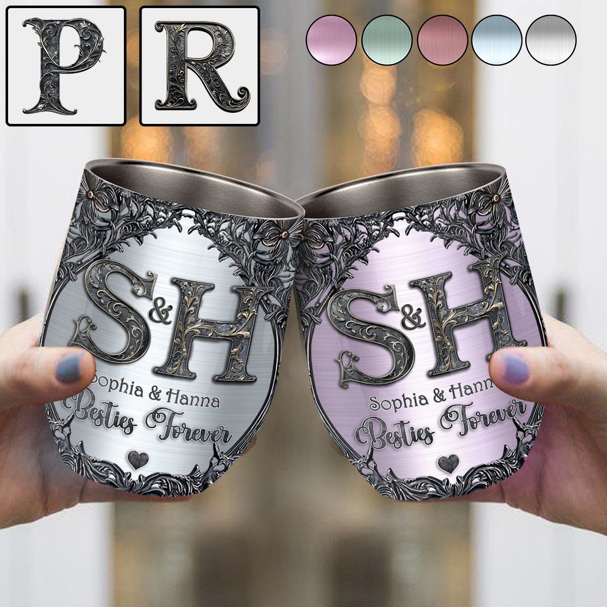 Geschenk für beste Freundinnen: Personalisierter Weinbecher mit Namensinitialen