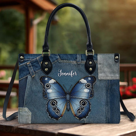Blauer Morphofalter – Personalisierte Schmetterlings-Lederhandtasche