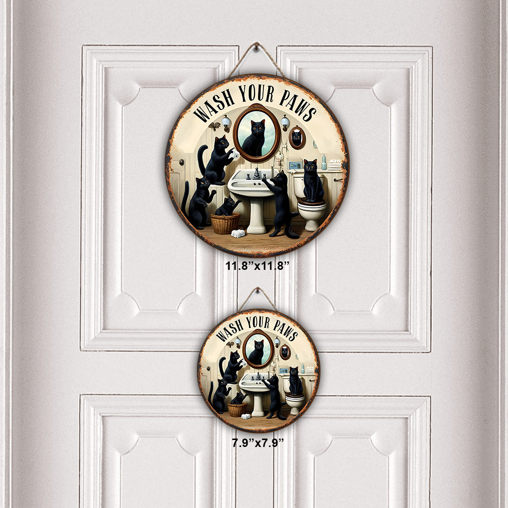 Wasch deine Pfoten – Personalisiertes rundes Holzschild mit schwarzer Katze