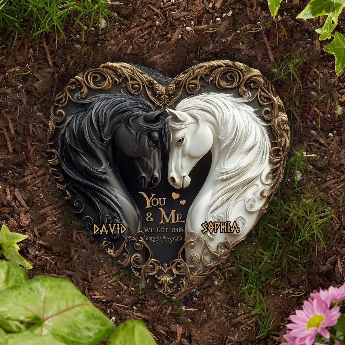 Du und ich, wir schaffen das – personalisierter herzförmiger Stein in Pferdeform
