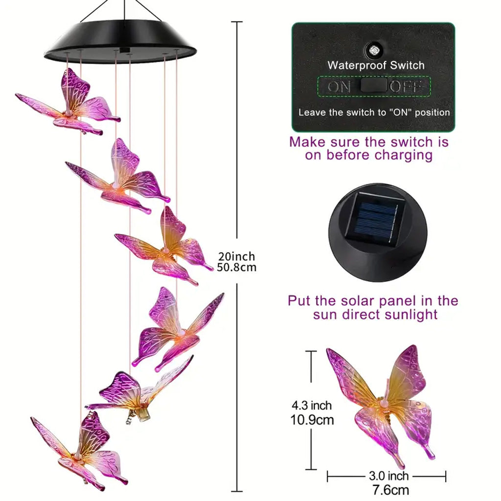 Lila Schmetterling Solar-Windspiel mit Farbwechsel