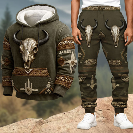 Totenkopf-Tribal-Muster, Indianermotiv – Personalisierter Hoodie und Jogginghose im Indianerstil