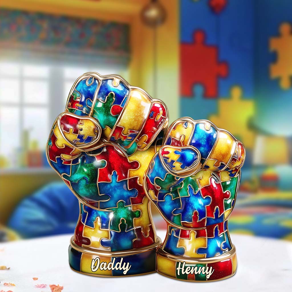 Autismus-Hand-Vater und Kind - Personalisierte Acrylplakette in individueller Form zur Sensibilisierung für Autismus