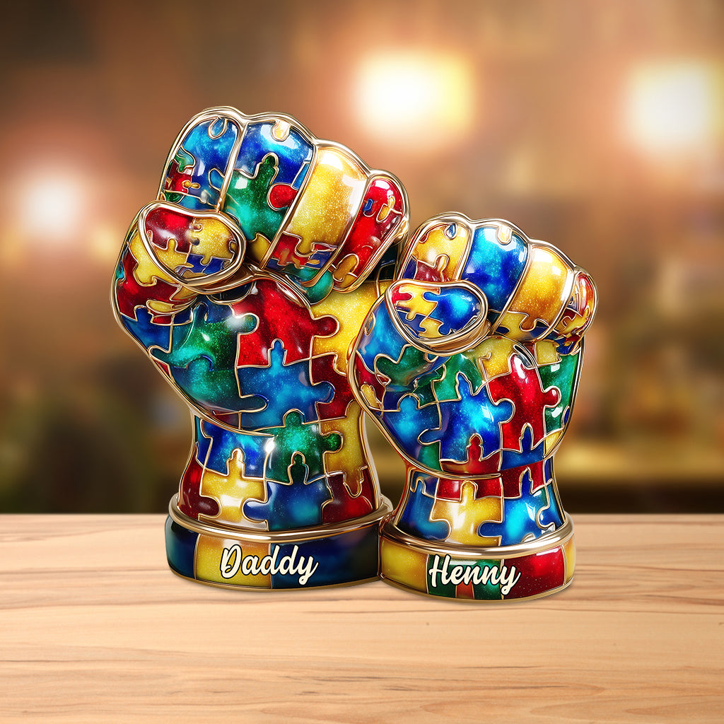 Autismus-Hand-Vater und Kind - Personalisierte Acrylplakette in individueller Form zur Sensibilisierung für Autismus