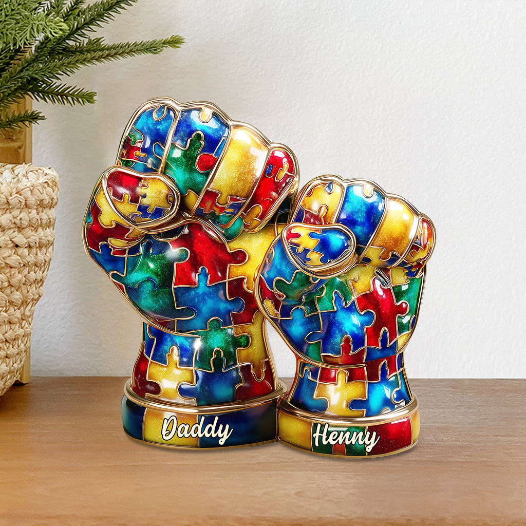 Autismus-Hand-Vater und Kind - Personalisierte Acrylplakette in individueller Form zur Sensibilisierung für Autismus