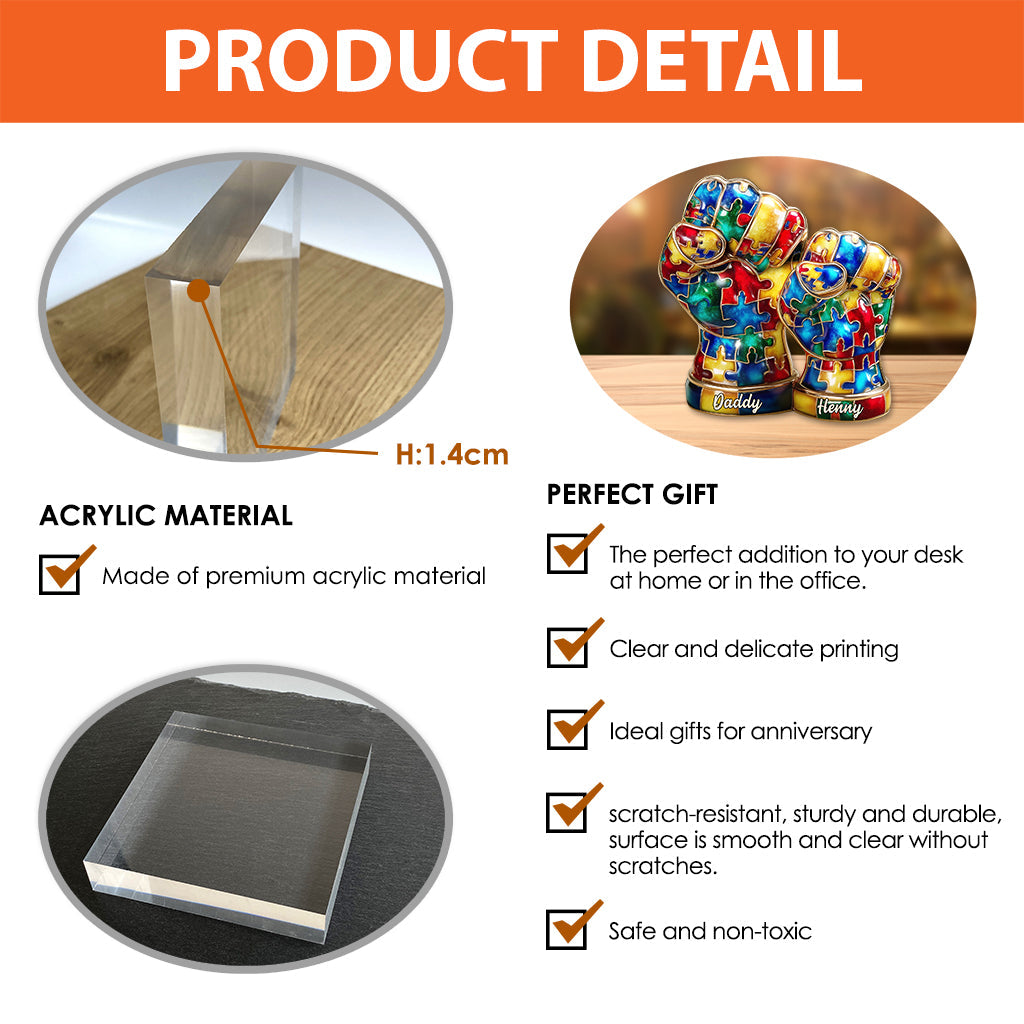 Autismus-Hand-Vater und Kind - Personalisierte Acrylplakette in individueller Form zur Sensibilisierung für Autismus