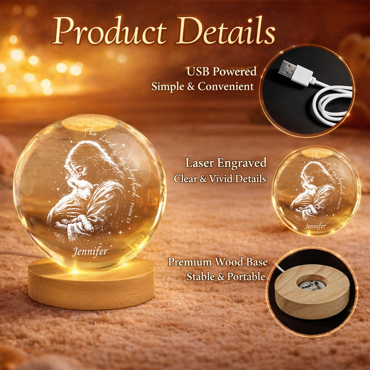 The Lord Is My Shepherd - Personalized Christian Crystal Ball Night Light