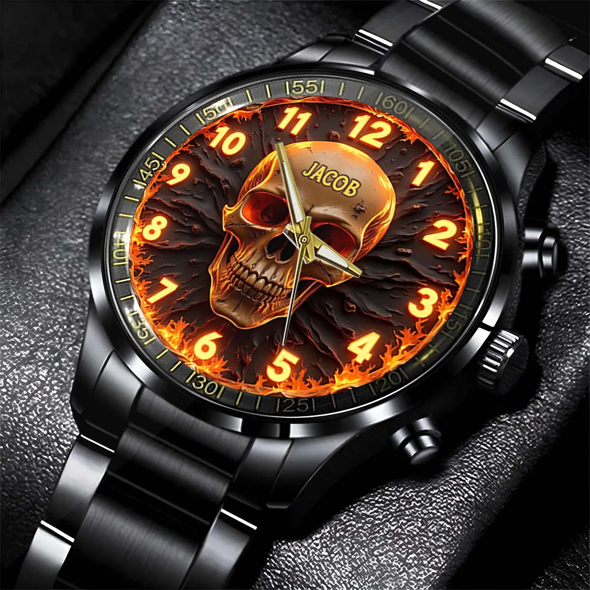 Feuerschädel – Personalisierte Totenkopf-Handuhr