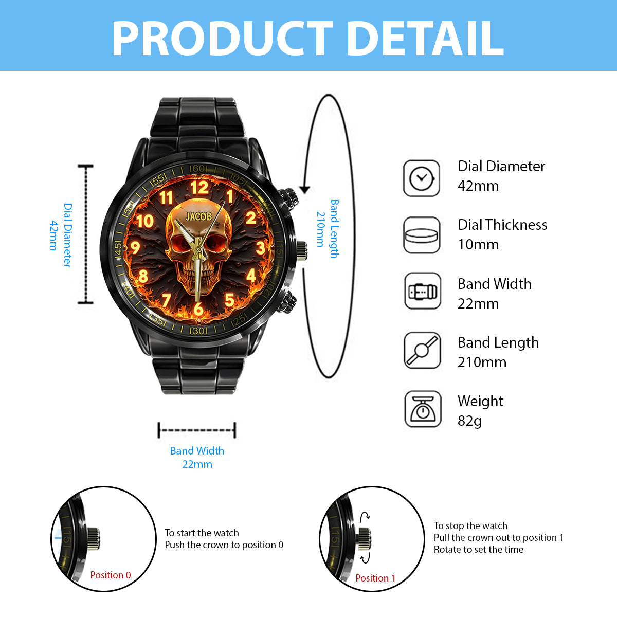 Feuerschädel – Personalisierte Totenkopf-Handuhr