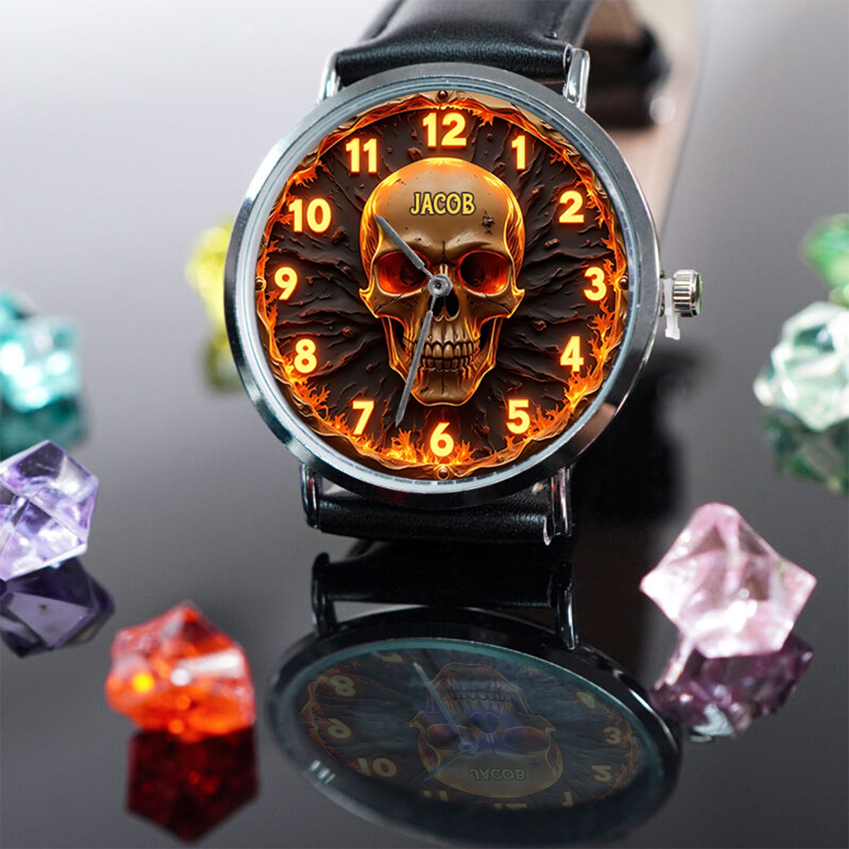 Feuerschädel – Personalisierte Totenkopf-Handuhr