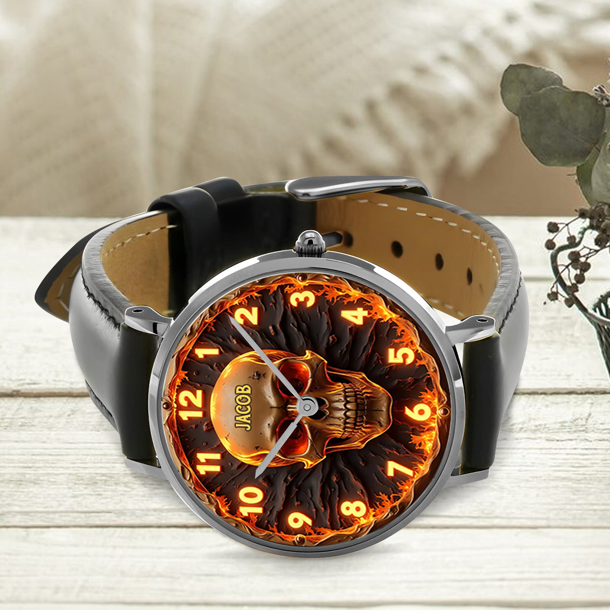 Feuerschädel – Personalisierte Totenkopf-Handuhr