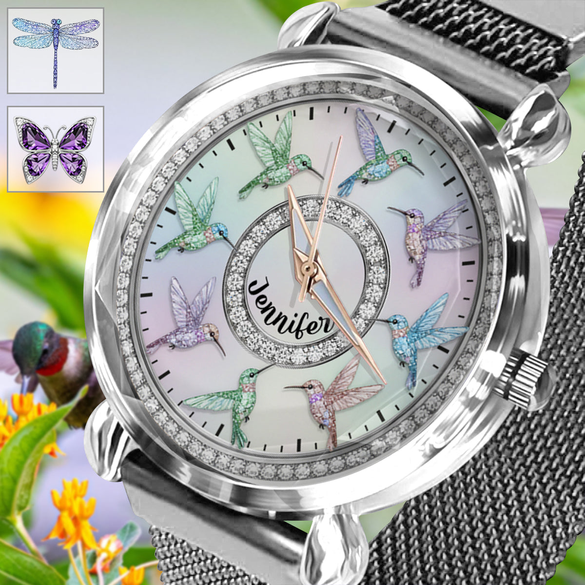 Wunderschöne Kolibris – Personalisierte Damen-Handuhr für Gartenliebhaber 
