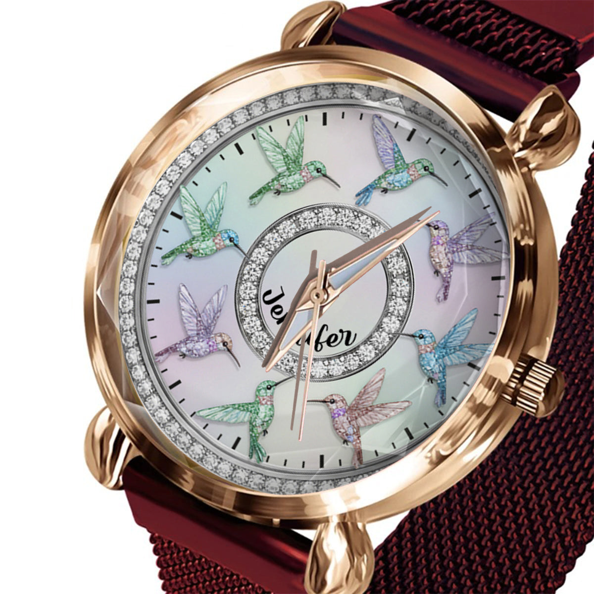 Wunderschöne Kolibris – Personalisierte Damen-Handuhr für Gartenliebhaber 