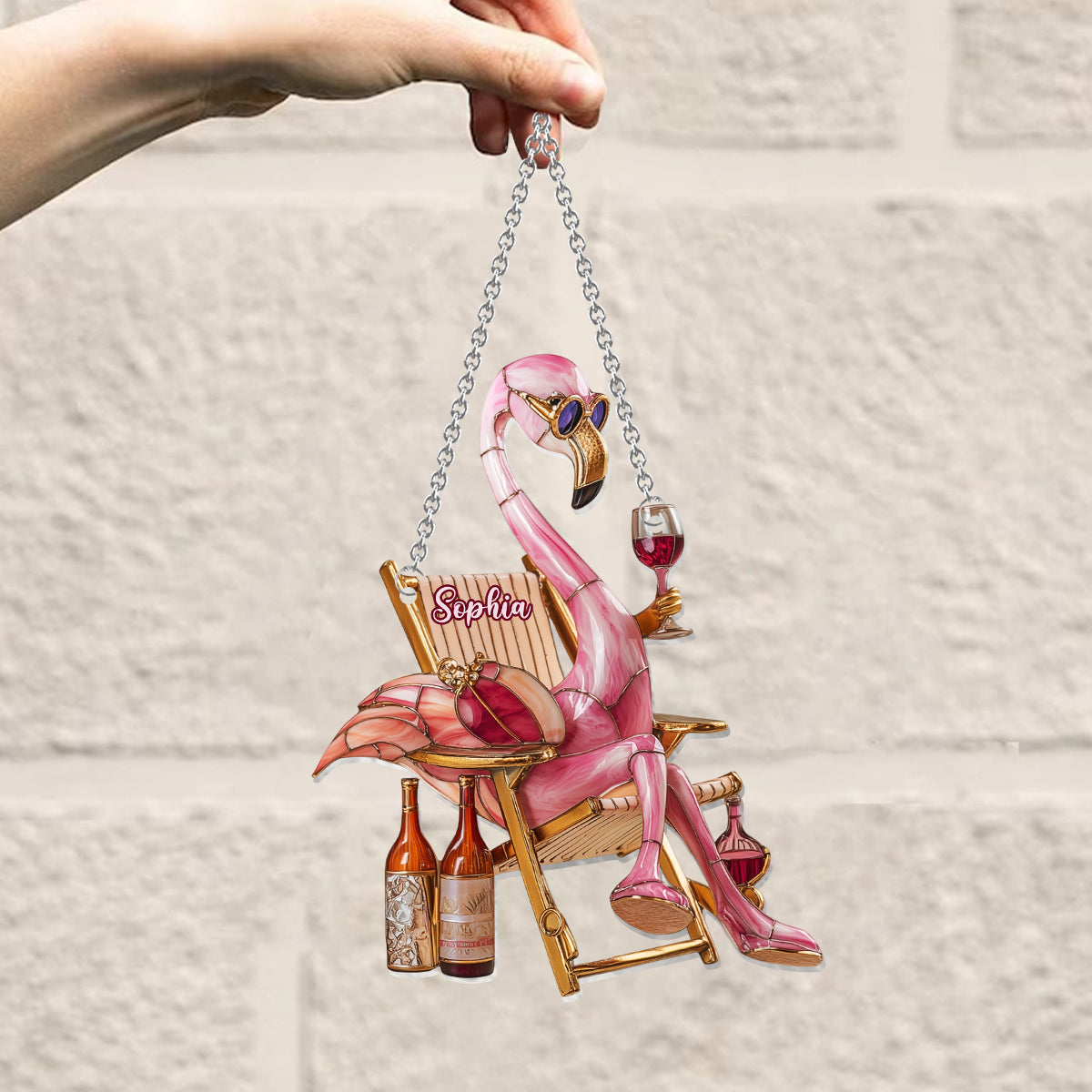 Chic Flamingo And Wine - Personalized Flamingo Window Hanging Suncatcher Ornament