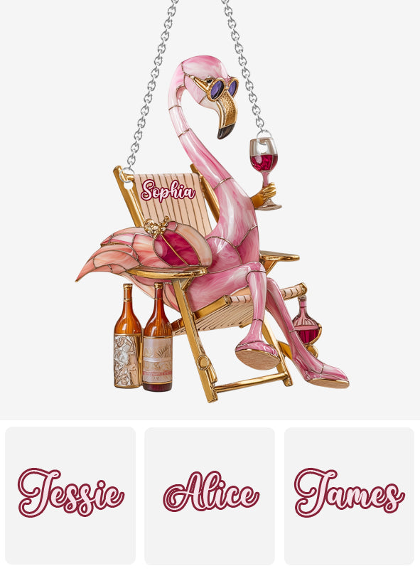 Chic Flamingo And Wine - Personalized Flamingo Window Hanging Suncatcher Ornament