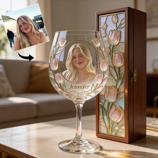 Custom Any Photo Birth Month Flower - Personalized Self Love Wine Glasses Set With Wooden Box