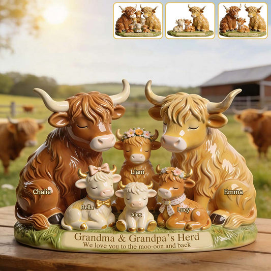 Die Herde der Hochlandrinder von Oma und Opa – personalisierte Acrylplakette in individueller Form für Oma