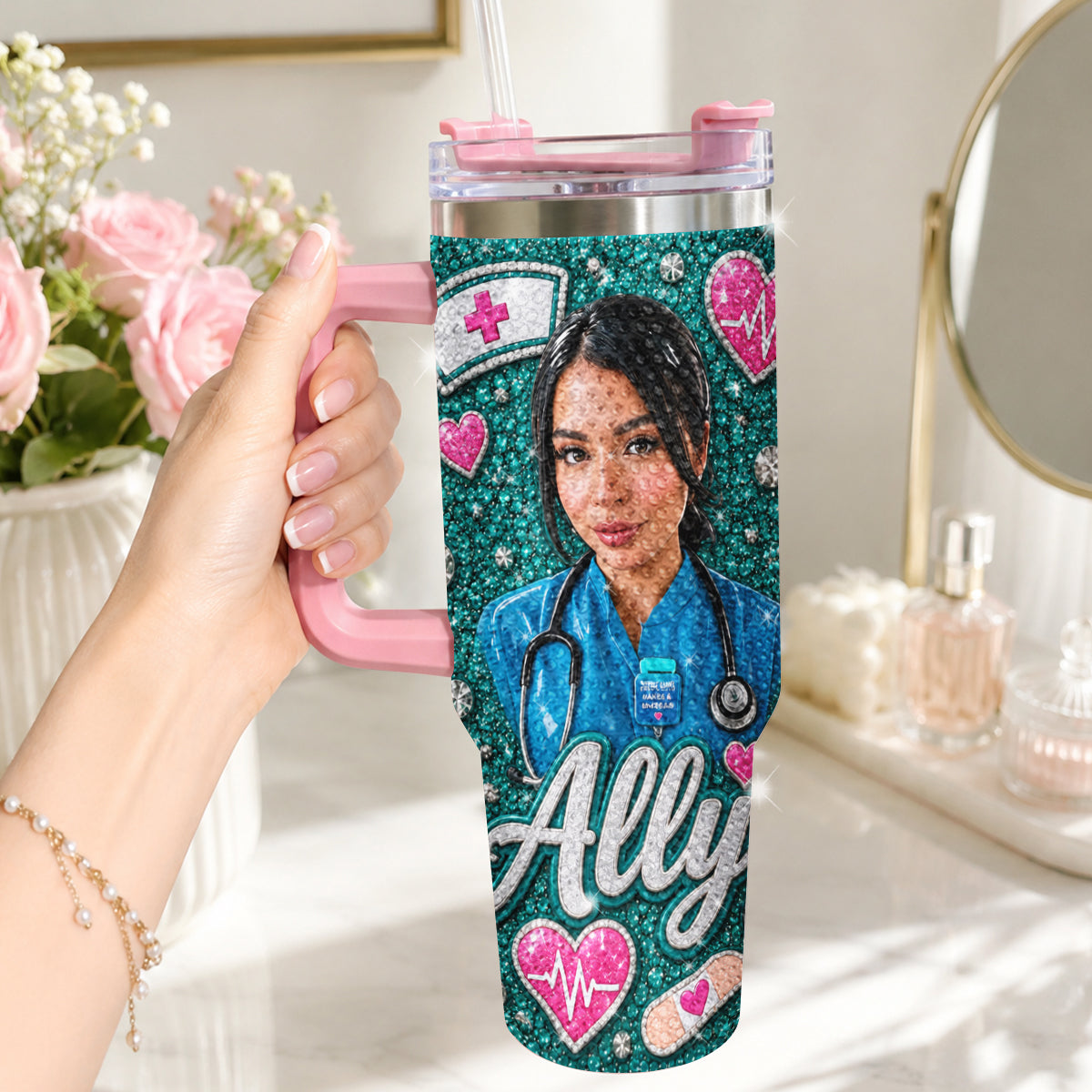 Geschenk für Krankenschwester - Personalisierter Rhinestone Becher mit Griff