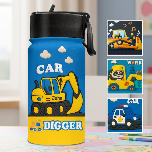 Niedliches Kindergeschenk mit Baggermotiv – personalisierte Wasserflasche für Kinder
